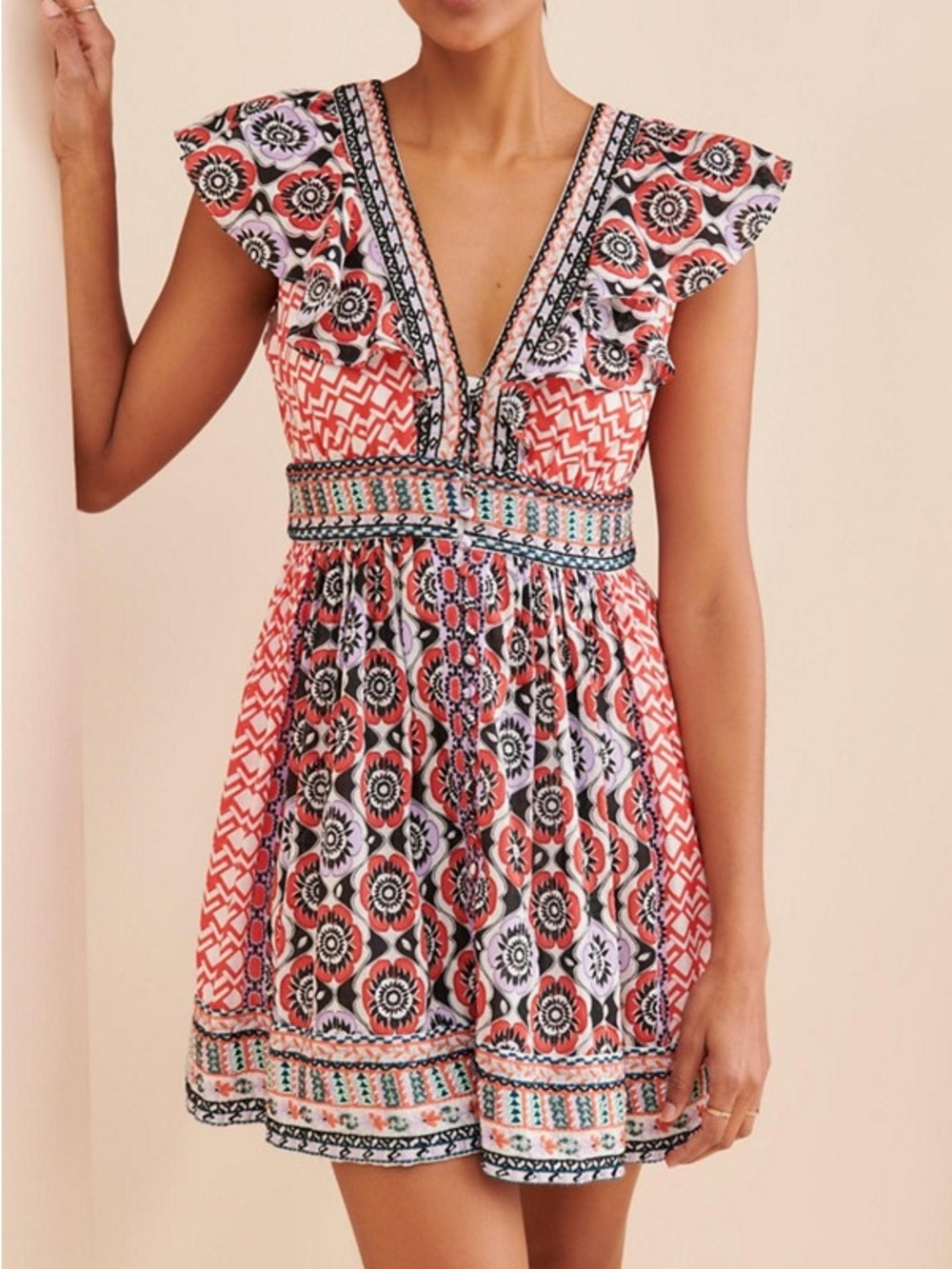Anthropologie Embroidered Tassel Back Boho Mini Dress Resort Mediterranean